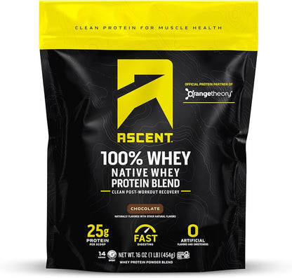 Ascent 100% Whey Protein Powder - Post Workout Whey Protein Isolate, Zero Artificial Flavors & Sweeteners, Gluten Free, 5.5g BCAA, 2.6g Leucine, Essential Amino Acids, Chocolate 1 lb