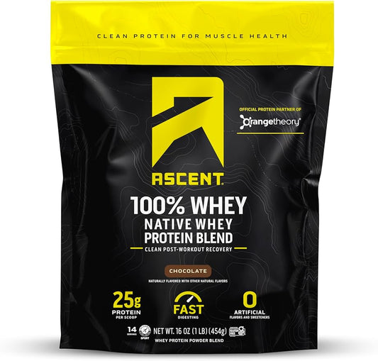 Ascent 100% Whey Protein Powder - Post Workout Whey Protein Isolate, Zero Artificial Flavors & Sweeteners, Gluten Free, 5.5g BCAA, 2.6g Leucine, Essential Amino Acids, Chocolate 1 lb