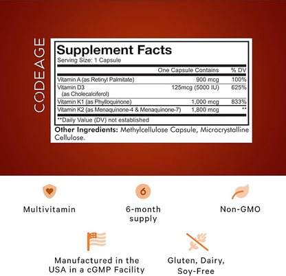 Codeage ADK Vitamis Supplement - Essential Vitamin A, Vitamin D3 5000 IU, Vitamin K1 & K2 (MK4 & MK7) - 6-Month Supply - A D K Vitamins, 1 Capsule per Serving, Non-GMO, Gluten-Free - 180 Capsules