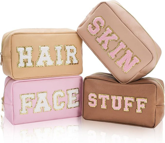 Whaline 4 Pcs Preppy Makeup Bag Chenille Letter Cosmetic Bag PU Leather Waterproof Toiletry Bag Portable Makeup Pouch Organizer Zipper Patches for Women Gifts(Earth Tone,Skin,Stuff,Hair,Face)