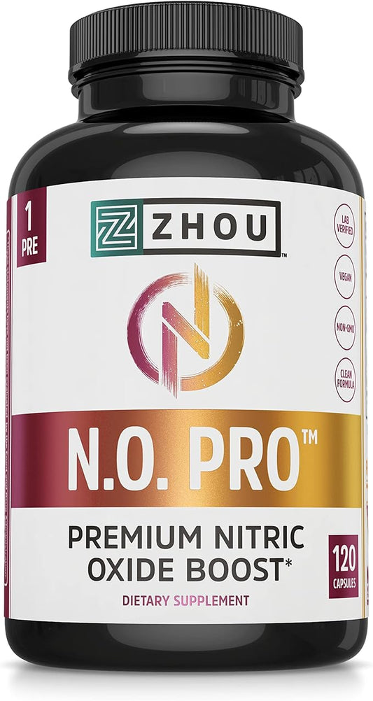 Zhou Nitric Oxide with L Arginine, Citrulline Malate, AAKG and Beet Root | Powerful N.O. Booster and Muscle Builder for Strength, Blood Flow and Endurance | 30 Servings, 120 Veggie Caps