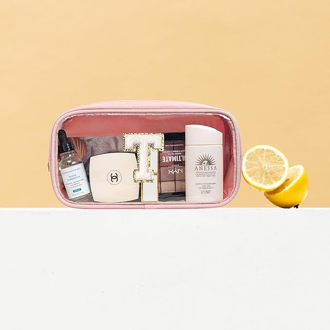 LETGO Initial Make Up Bag Travel Toiletry Bag, Clear Makeup Bag Preppy Cosmetic Bags Organizer Travel Essentials Pink Gifts for Women Teen Girlfriend Teacher Mom Brithday (Pink, T)