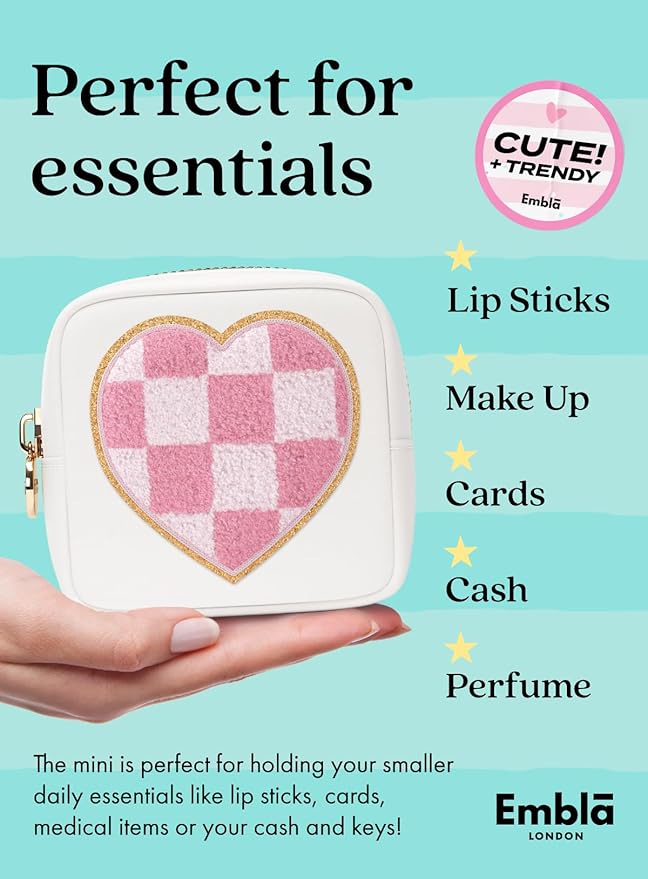 HEART Valentine Makeup Bag Travel Cosmetics Pouch and Toiletry Bag, Nylon Zipper Pouch Purse, Cute Make Up Organizer Storage Tote for Women Girls, Travel Skincare Case, Small Makeup Bags, White