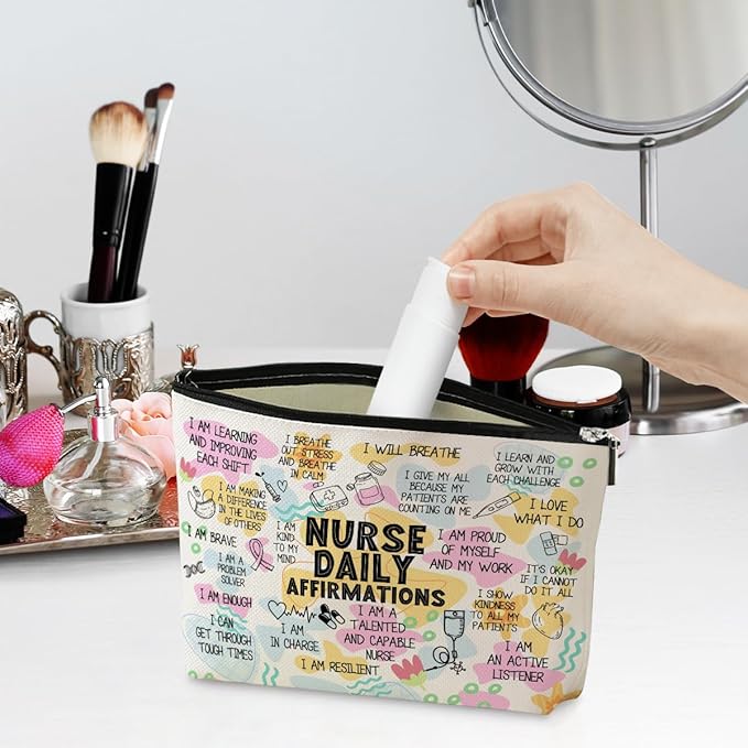 Daily Affirmations Makeup Bag Nurse Accessories for Work Nurse Gifts Nursing Student Essentials Inspirational Gifts for Women Female RN Nurse Coworker Birthday Friendship Nurse Day Travel Toiletry Bag