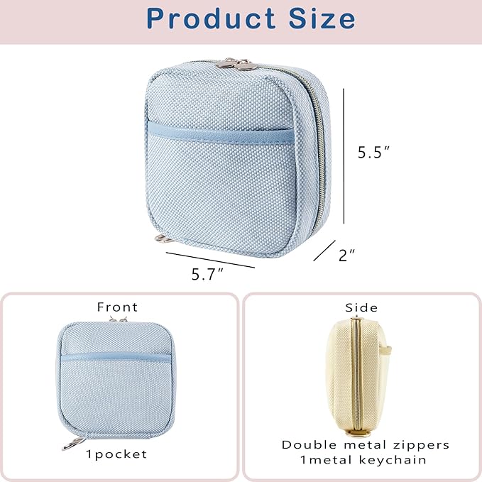 Small Canvas Makeup Bag with Compartments for Purse, Wide-open Makeup Pouch with Zipper and Keychain, Key Pocket Lipstick Bag Travel Organizer Bag (03Light Blue)