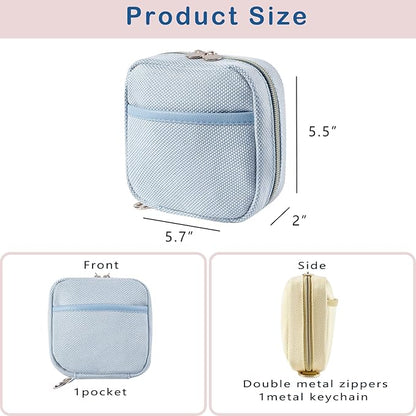 Small Canvas Makeup Bag with Compartments for Purse, Wide-open Makeup Pouch with Zipper and Keychain, Key Pocket Lipstick Bag Travel Organizer Bag (03Light Blue)