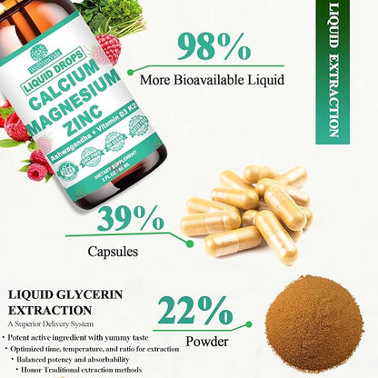 Calcium Magnesium Zinc D3 with Calm Magnesium Glycinate Plus Ashwagandha, L-Theanine, Liquid Calcium with Vitamin D3 and Magnesium Supplement for Immune, Bone, Muscle, Mood & Sleep Support