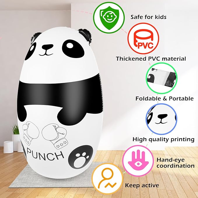 Punching Bag for Kids with Boxing Gloves - 120cm Light Up Panda Kids Punching Bag Inflatable Stress Relief Toy for 3-9 Year Olds - BPA-Free (3xAAA Batteries Not Included)