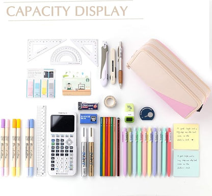CICIMELON Big Capacity Pencil Case 3 Compartments Pen Pouch Bag Multifunctional Organizer for School Office, Cream