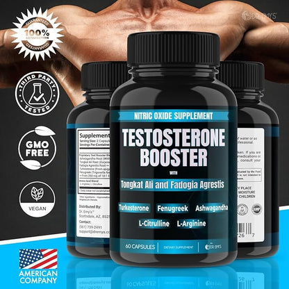 Dr. Emy's (1 Pack Testosterone Booster-Tongkat Ali Fadogia Agrestis Nitric Oxide Ashwagandha Supplement for Men with L Arginine Citrulline Fenugreek - Turkesterone Pre Workout Pump (60 Capsules)