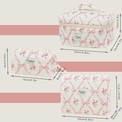 kingkiss Makeup Bag, Quilted Cosmetic Bag, Large Capacity Make Up Bag for Women, Cute Floral Storage Toiletry Bag Travel Storage Makeup Bag (Pink)