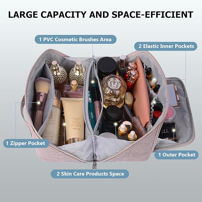 Travel Makeup Bag, Large Capacity Cosmetic Bags for Women, Waterproof Lining and PU Leather Portable Pouch, Open Flat Toiletry Bag, Make up Organizer with Divider & Handle (Pink)