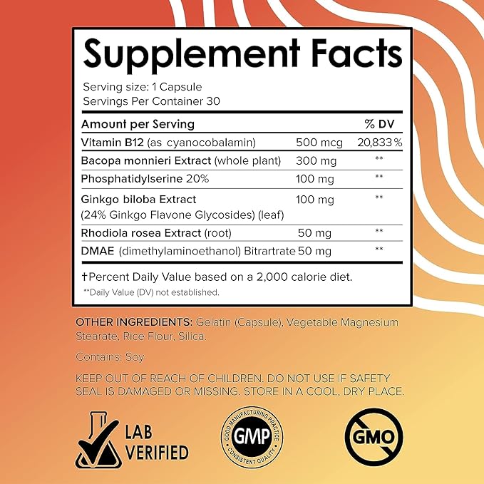 Vital Vitamins Brain Supplements for Memory and Focus (3 Pack) - Nootropic Brain Support - Memory, Clarity, Focus, Energy - Vitamin B12, Gingko Biloba, DMAE