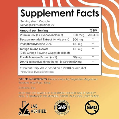 Vital Vitamins Brain Supplements for Memory and Focus (3 Pack) - Nootropic Brain Support - Memory, Clarity, Focus, Energy - Vitamin B12, Gingko Biloba, DMAE