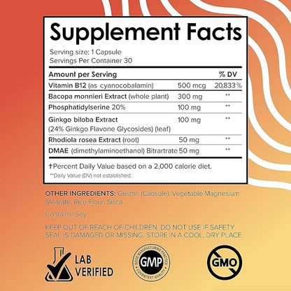 Vital Vitamins Brain Supplements for Memory and Focus - Nootropic Brain Support - Memory, Clarity, Focus, Energy - Vitamin B12, Gingko Biloba, DMAE