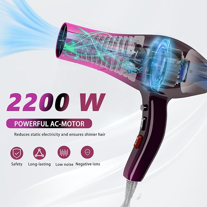 Ionic Hair Dryer,2400W Negative Ion Low Noise Hair Dryer Professional Fast Drying Hair Dryer with 2 Speeds, 3 Heat Settings, Cooling Button,with Diffuser for Curly and Straight Hair（Crimson Fade）