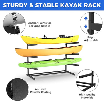 Kayak Storage Rack, Heavy Duty Adjustable Freestanding Kayak Stand with Wheels or Protection Pad for Kayaks, SUPs, Canoe and Paddleboard Kayak Rack for Indoor & Outdoor Use