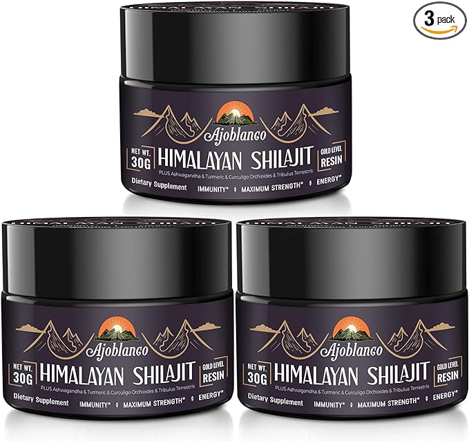 Ajoblanco 600mg Shilajit Pure Himalayan Organic Shilajit Resin - Himalayan Shilajit Resin with Organic Ayurvedic Blend in High Potency for Energy, Strength & Immunity, Pack of 3