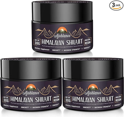 Ajoblanco 600mg Shilajit Pure Himalayan Organic Shilajit Resin - Himalayan Shilajit Resin with Organic Ayurvedic Blend in High Potency for Energy, Strength & Immunity, Pack of 3