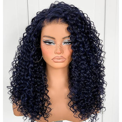 Dark Blue Wear And Go Glueless Wig Pre-Plucked Synthetic HD Lace Frontal Wig 13x6 Afro Wig Kinky Curly With Layer