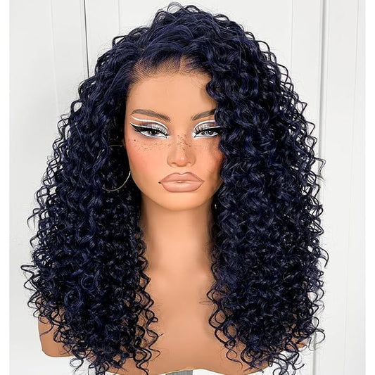 Dark Blue Wear And Go Glueless Wig Pre-Plucked Synthetic HD Lace Frontal Wig 13x6 Afro Wig Kinky Curly With Layer