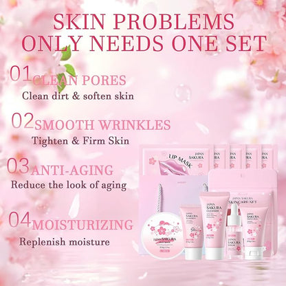 Skincare Set Sakura Women Skincare Gifts for Teen Girls - Travel Essentials for Women - Skin Care Set with Makeup Remover,Face Wash,Moisturizer,Face Mask - Face Care Set for Women (10PCS, Sakura)