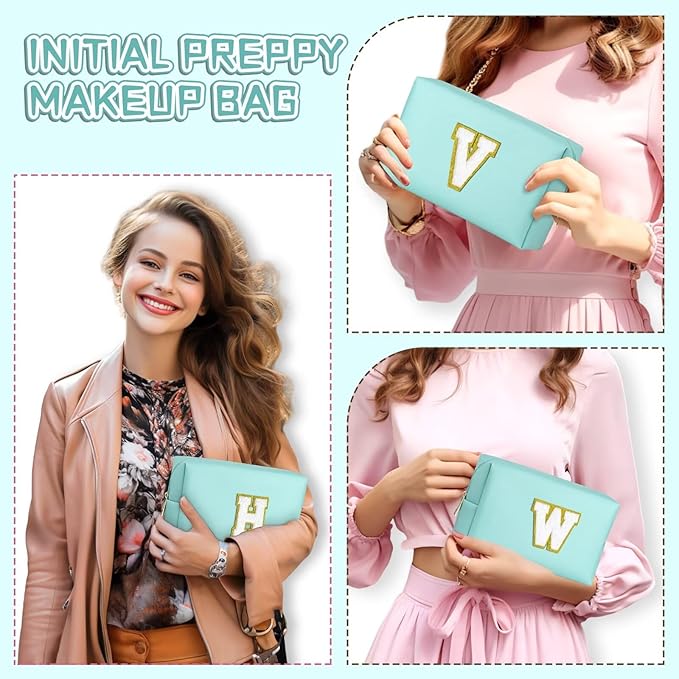 TOPEAST Preppy Stuff Cute Makeup Bag Small Cosmetic Bag Travel Toiletry Bag, Personalized Birthday Wedding Gifts for Mom Teacher Friends Bridesmaids, Preppy Travel Stuff for Girls (Blue N)