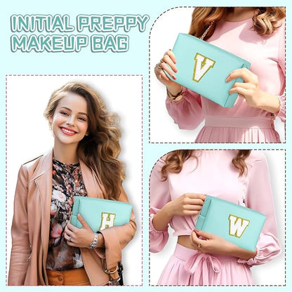TOPEAST Preppy Stuff Cute Makeup Bag Small Cosmetic Bag Travel Toiletry Bag, Personalized Birthday Wedding Gifts for Mom Teacher Friends Bridesmaids, Preppy Travel Stuff for Girls (Blue N)
