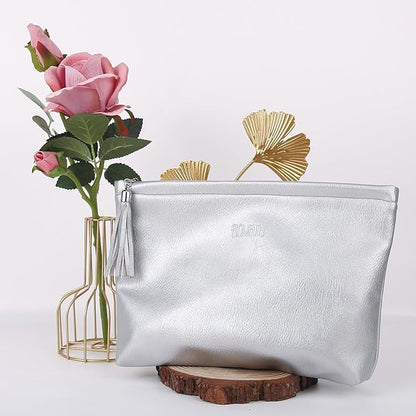 BOYATU Makeup Pouch Small Cosmetic Bag: Cute Pouches for Purse with Tassel - Letter Makeup Bags - Valentine's Day Gifts for Teen Girl (07-Leather Silver)