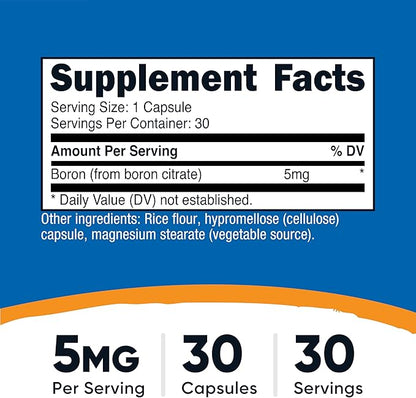 Nutricost Boron Capsules 5mg, 30 Vegetarian Capsules - Gluten Free and GMO Free
