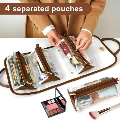 Travel Makeup Organizer Bag, Foldable Toiletry Bag with Detachable Pouches, Large Capacity 4-in-1 Roll-Up Cosmetic Storage with Handle for Women