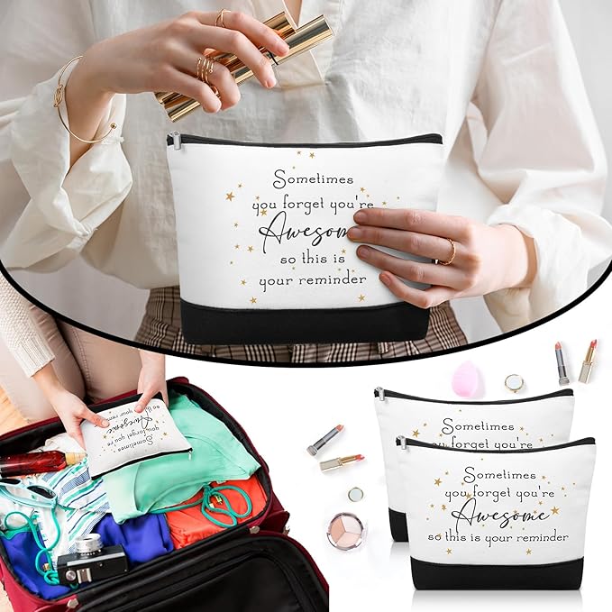 Sanwuta 80 Pcs Inspirational Canvas Makeup Bags Keychains Set Graduation Gifts Teacher Appreciation Gifts Bulk for Employees Women (Awesome Sign)