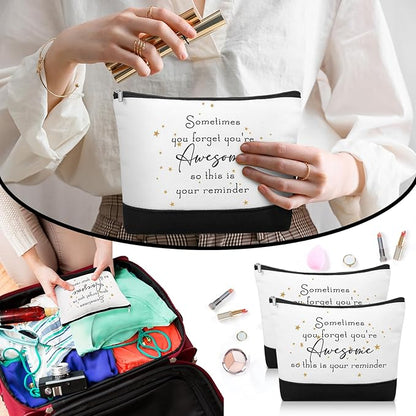 Sanwuta 80 Pcs Inspirational Canvas Makeup Bags Keychains Set Graduation Gifts Teacher Appreciation Gifts Bulk for Employees Women (Awesome Sign)