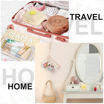 Hillban 2 Pcs Mama Gifts Set Mama Makeup Bag for Hospital Chenille Letter Pouch Preppy Patch Beach Travel Bags Aesthetic Waterproof Portable Toiletry Storage