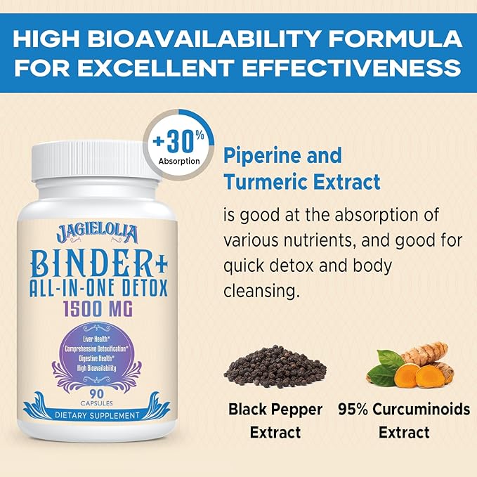 All-in-One Detox Binder Supplement 1500 MG - High Bioavailability, Liver Gut Detox Cleanse with Activated Charcoal, Zeolite & Bentonite Clay for Toxins, Liver, Digestive, 90 Vegan Capsules