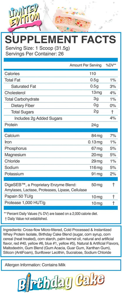 eFlow Nutrition 100% Whey Protein Isolate - Lactose-Free Digestive Enzymes Added, Low Carb, Post Workout Shake, Fast Digesting for Optimal Muscle Recovery - Birthday Cake (26 Servings)