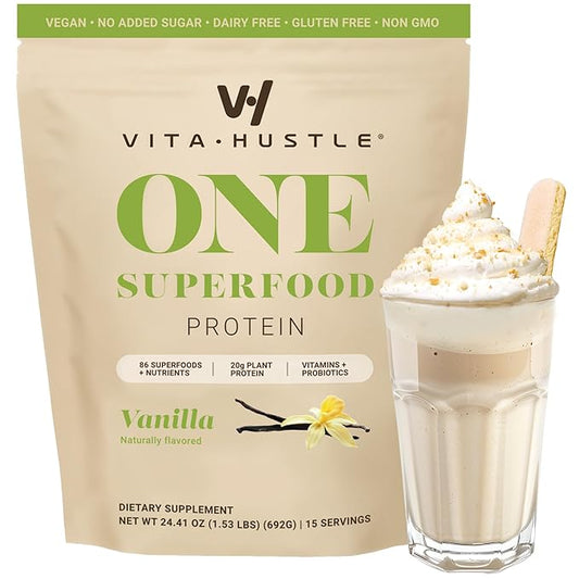 VitaHustle ONE - Superfood Meal Replacement Shake, Plant Based Protein Powder, Vegan. 86 Superfoods, Vitamins, & Minerals, Ashwagandha, Adaptogens. Founded by Kevin Hart. (Vanilla) 15 Servings