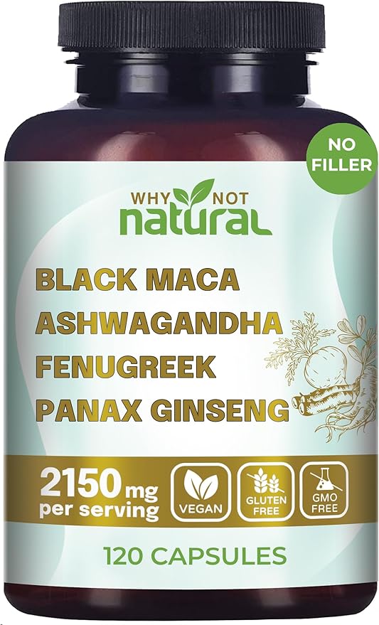 Why Not Natural 4-in-1 Organic Black Maca Root, Ashwagandha, Fenugreek, Panax Ginseng Capsules, Supplement for Men and Women (120 Count (Pack of 1)