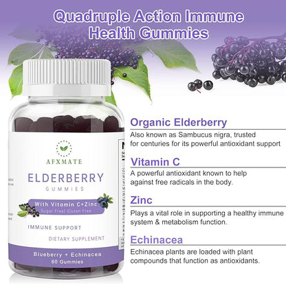 AFXMATE Sambucus Elderberry Gummies, Black Elderberry Gummy with Zinc and Vitamin C for Adults, Sugar Free Kids Multivitamin Gummies, Immune Support* Supplement, 120 Gummies (2 Pack)
