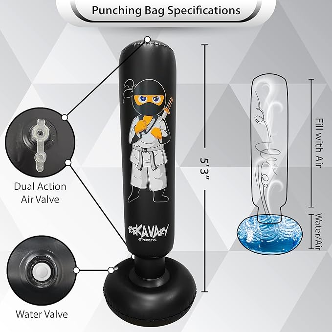 Punching Bag for Kids - 5' 3" Tall and Stable - Ninja Kids Inflatable Punching Bag Combo Kit with Kids Boxing Gloves, a Pump and Repair Kit. Boxing Bag for Immediate Bounce Back