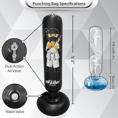 Punching Bag for Kids - 5' 3" Tall and Stable - Ninja Kids Inflatable Punching Bag Combo Kit with Kids Boxing Gloves, a Pump and Repair Kit. Boxing Bag for Immediate Bounce Back