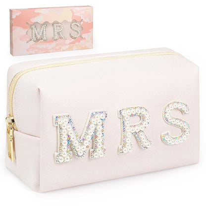 MRS Preppy Makeup Bag with Gift Box, Bride Cosmetic Bag for Bridesmaid Engagement, Purse Bridal Shower, Bridal Beauty Prep, Wedding Day