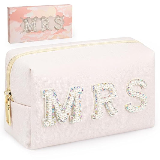 MRS Preppy Makeup Bag with Gift Box, Bride Cosmetic Bag for Bridesmaid Engagement, Purse Bridal Shower, Bridal Beauty Prep, Wedding Day