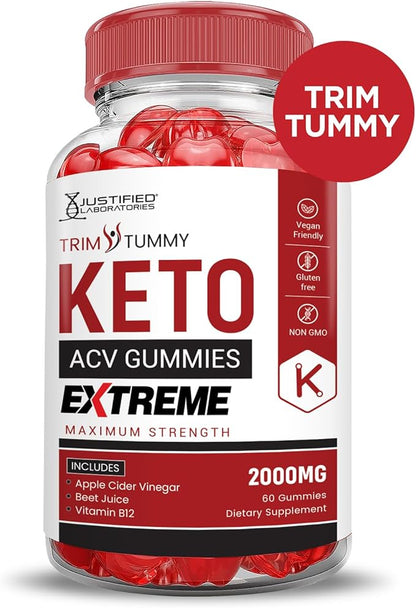 (2 Pack) Trim Tummy Keto ACV Gummies Extreme 2000MG Trim Tummy Keto Gummies Apple Cider Vinegar Formulated with Pomegranate Beet Juice Powder B12 Vegan Non GMO 120 Gummys
