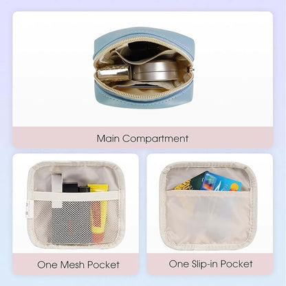 Wandering Nature Small Makeup Bag for Purse Mini Make up Pouch Cute Cosmetic Pouch for Women with Slip-in Pockets Matte Leather, Blue