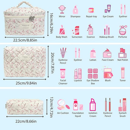 3 Piece Floral Quilted Makeup Bag, Large Capacity Travel Cosmetic Bag for Women and Girls, Aesthetic Storage for Daily and Travel Use (3pcs-peachblossom)