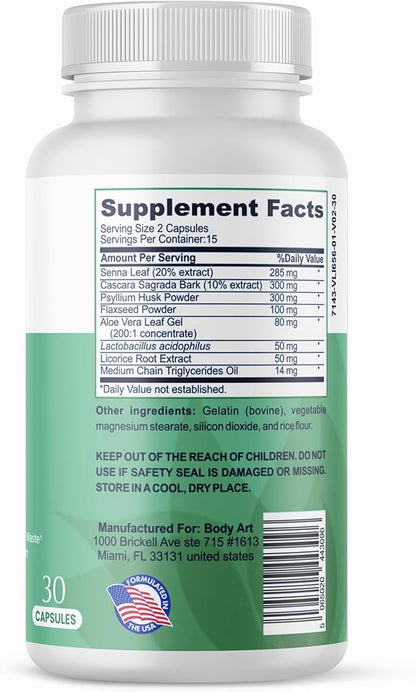 Body Art 15 Day Colon Cleanse Detox - Gut Detox Cleanse for Digestive Health, Gut Cleanse Detox for Women & Men - for Bowel Cleanse, Remove Body Waste, Advanced Colon Cleanser & Detox - 30 Capsules
