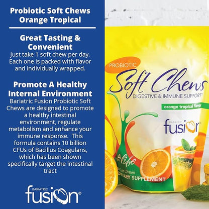 Bariatric Fusion Bariatric Probiotic Soft Chews | Orange Tropical Flavor Chewy Bariatric Vitamin | Bacillus Coagulans 10 Billion CFU Chewable Probiotic | Support Digestive & Immune Health | 60 Count
