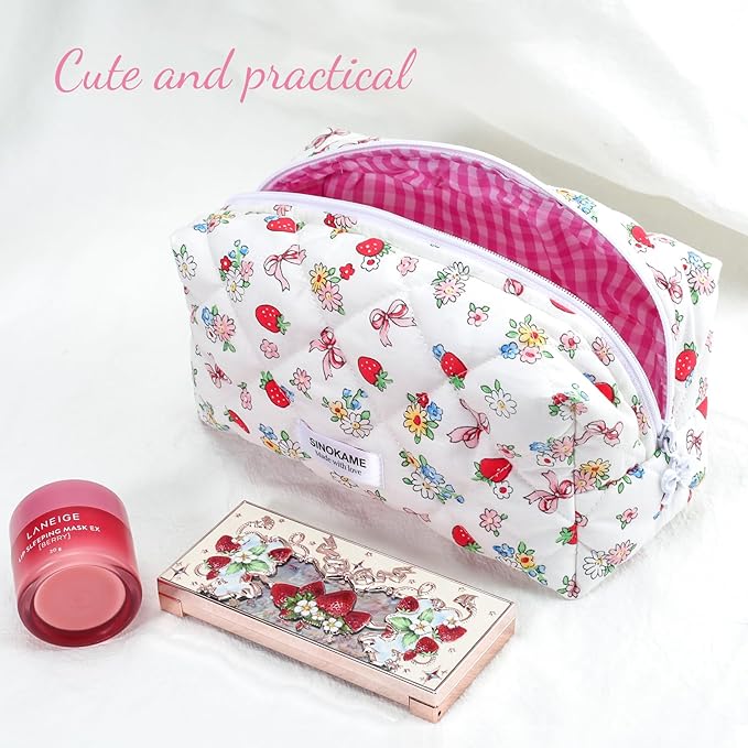 Quilted Makeup Bag, Handmade Strawberry Cosmetic Bag Pencil Case Coquette Aesthetic Floral Makeup Organizer Bag, Travel Skincare Toiletry Brushes Organizer(White Berries)