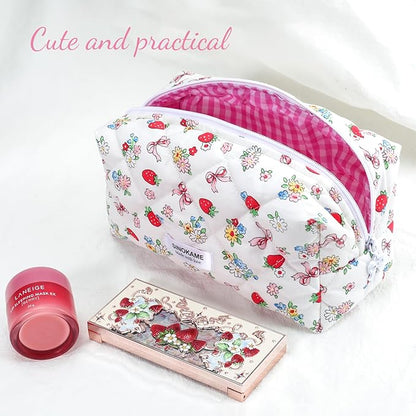 Quilted Makeup Bag, Handmade Strawberry Cosmetic Bag Pencil Case Coquette Aesthetic Floral Makeup Organizer Bag, Travel Skincare Toiletry Brushes Organizer(White Berries)
